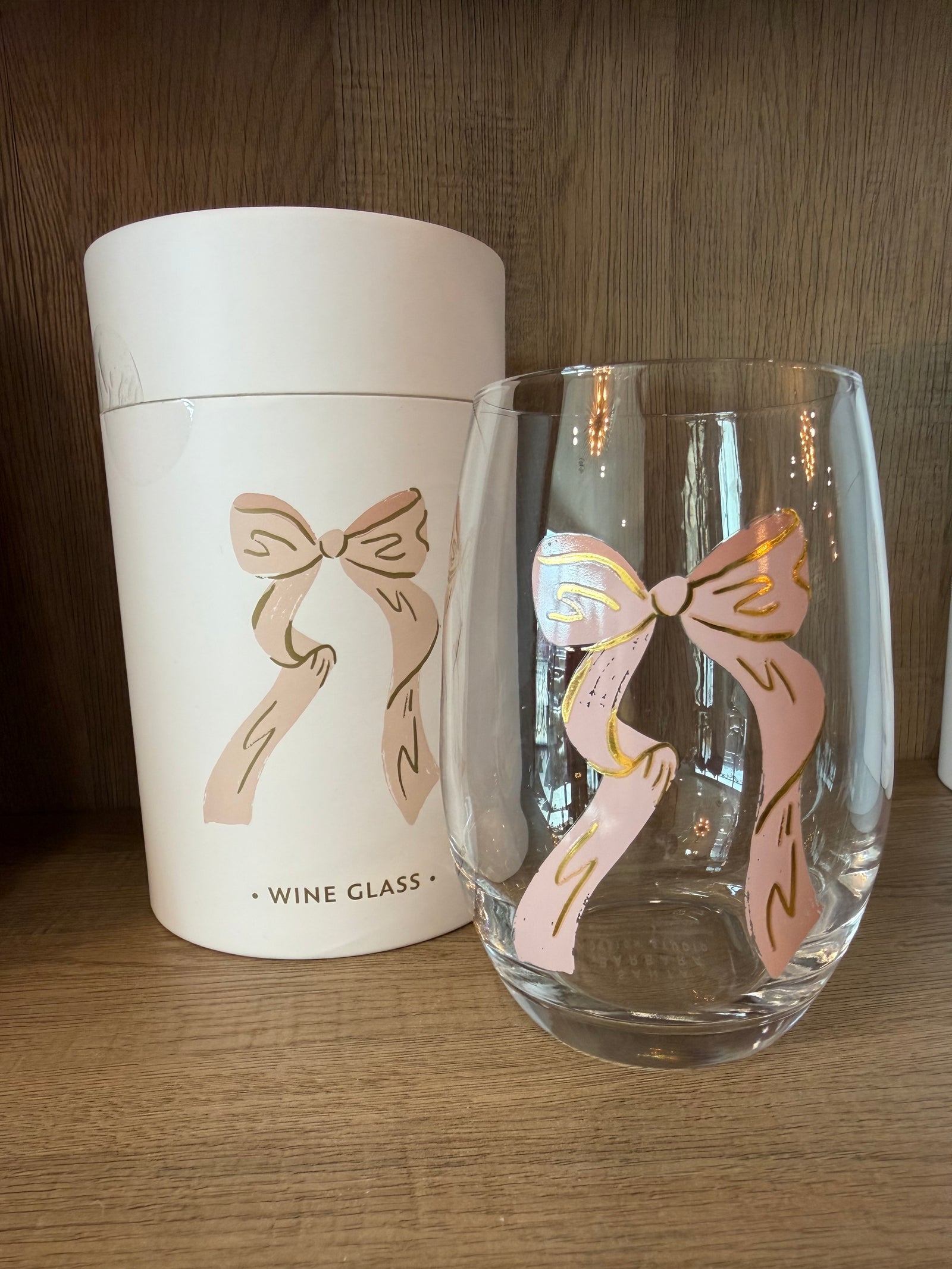 Pink Bow Stemless Wine Glass
