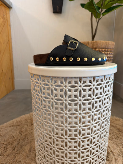 Black Studded Buckle Clog