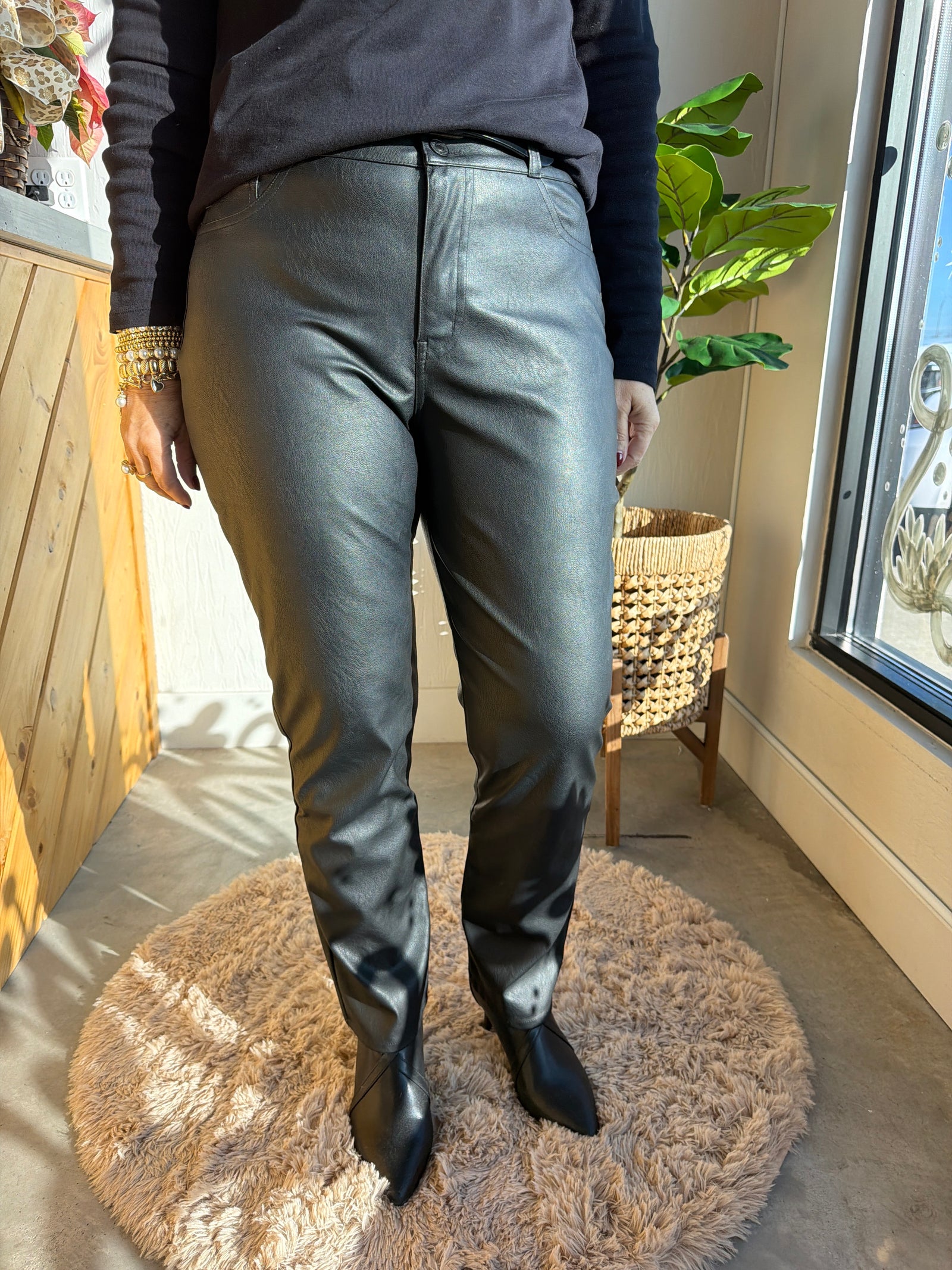 Vegan Leather High Rise Skinny Straight Pant