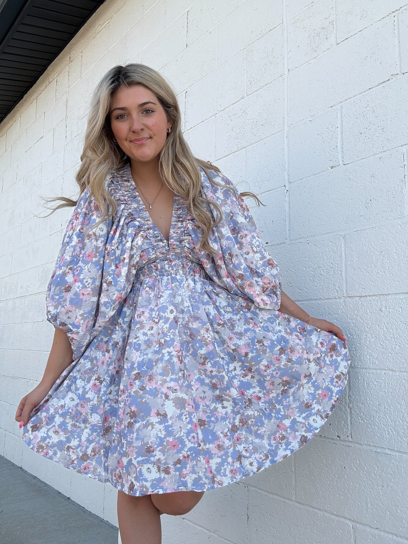 Purple Floral Bubble Sleeve Dress